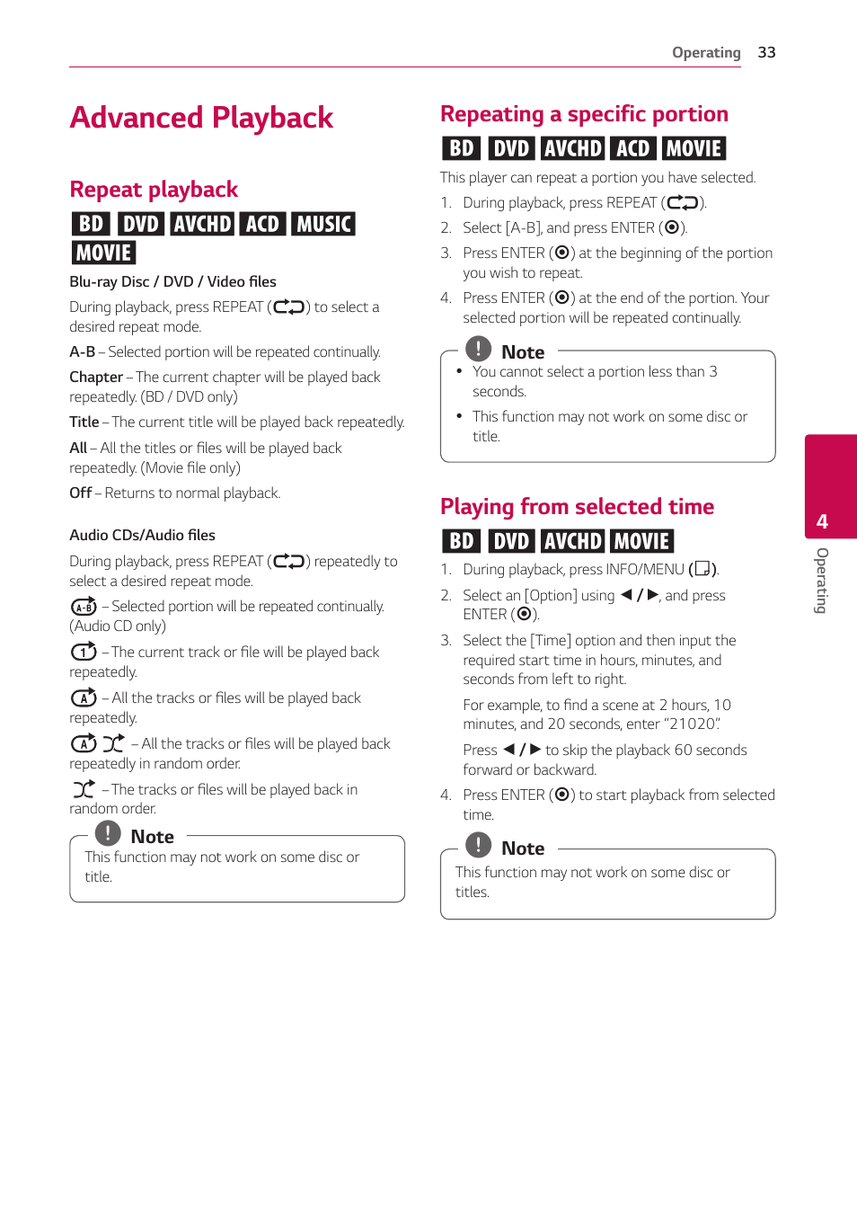 Advanced playback, Repeat playback, Repeating a specific portion | Playing from selected time, Repeat playback erotu y, Repeating a specific portion eroty, Playing from selected time eroy | LG UBK80 HDR UHD Blu-ray Disc Player User Manual | Page 33 / 56