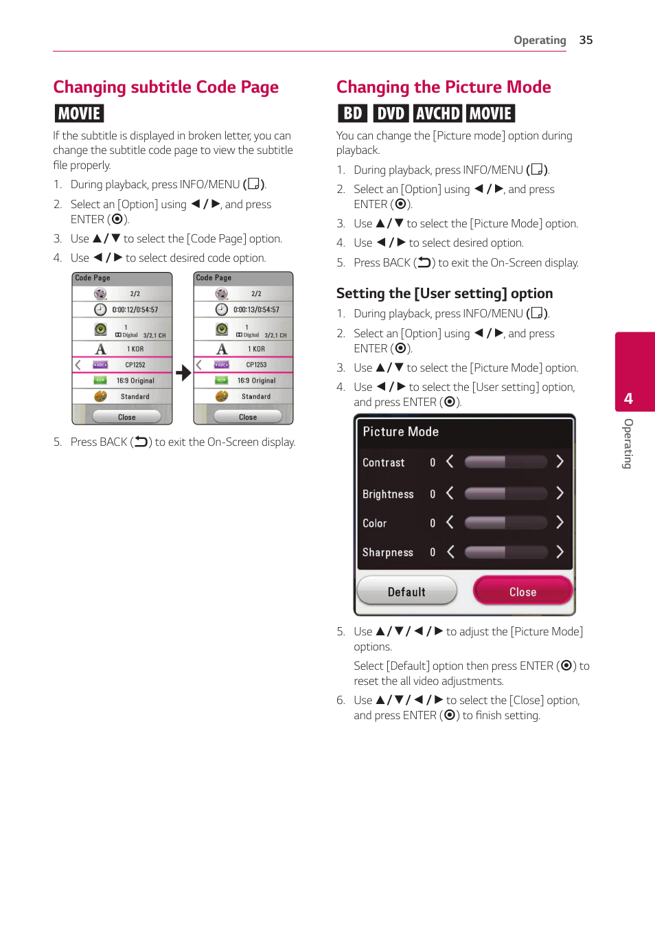 Changing the picture mode, Changing subtitle code page y, Changing the picture mode eroy | Setting the [user setting] option | LG UBK80 HDR UHD Blu-ray Disc Player User Manual | Page 35 / 56