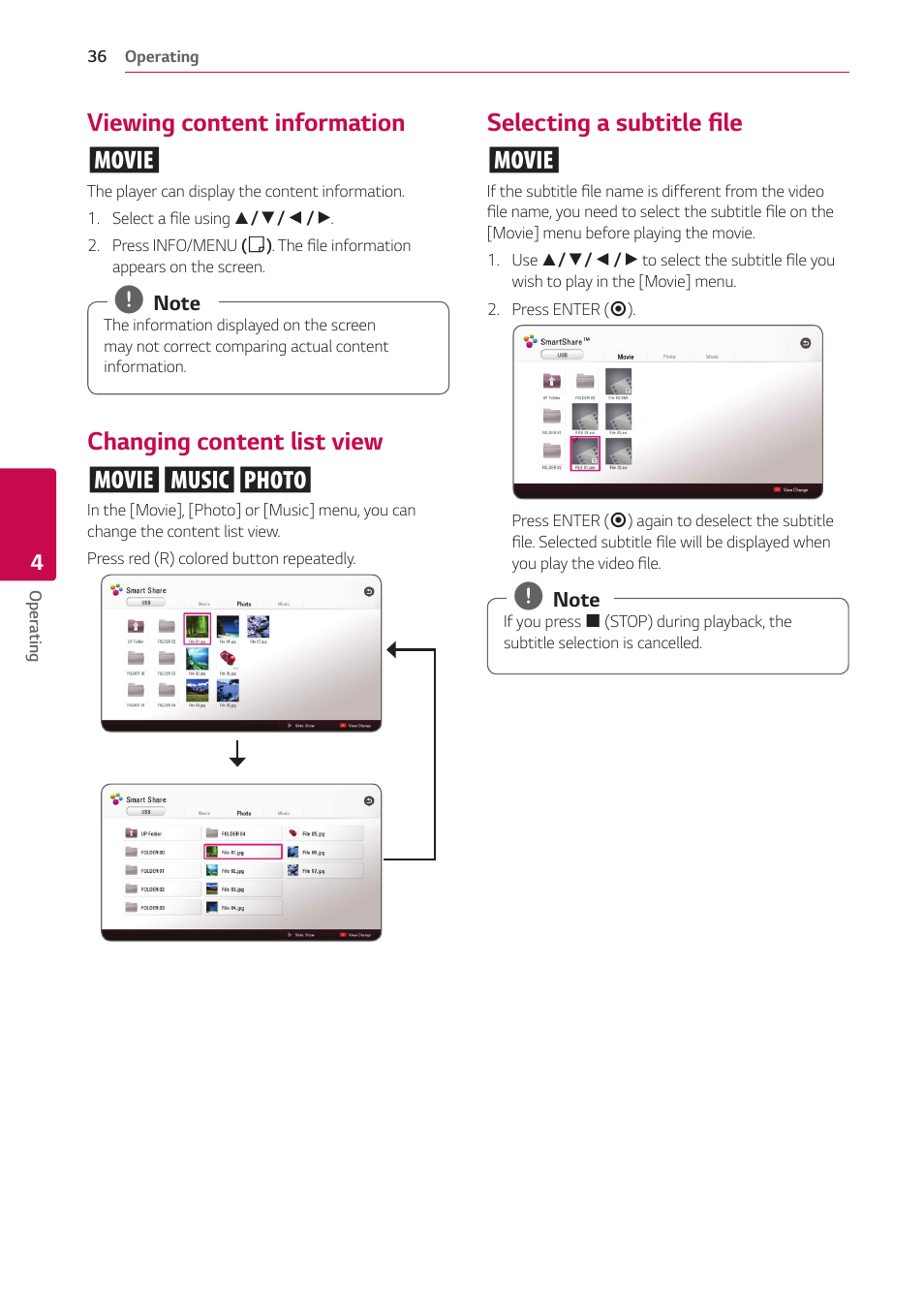 Viewing content information, Changing content list view, Selecting a subtitle file | Viewing content information y, Changing content list view yui, Selecting a subtitle file y | LG UBK80 HDR UHD Blu-ray Disc Player User Manual | Page 36 / 56