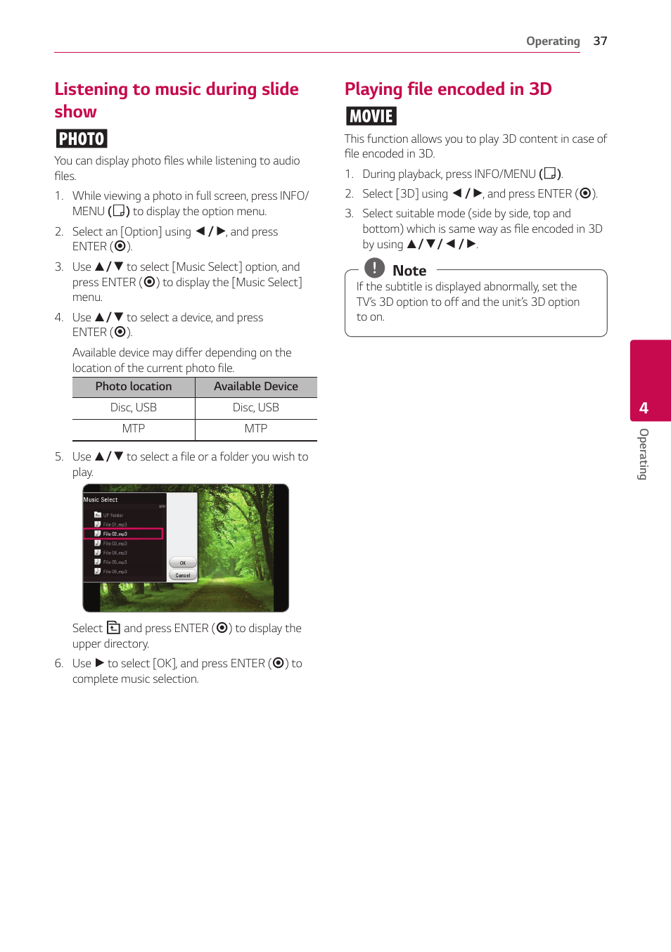 Listening to music during slide show, Playing file encoded in 3d, Listening to music during slide show i | Playing file encoded in 3d y | LG UBK80 HDR UHD Blu-ray Disc Player User Manual | Page 37 / 56