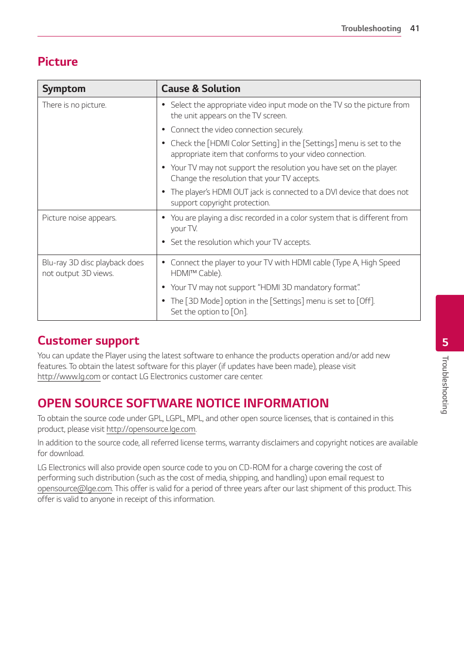 Picture, Customer support, Open source software notice information | 41 – picture 41 – customer support, 41 – open source software notice, Information | LG UBK80 HDR UHD Blu-ray Disc Player User Manual | Page 41 / 56