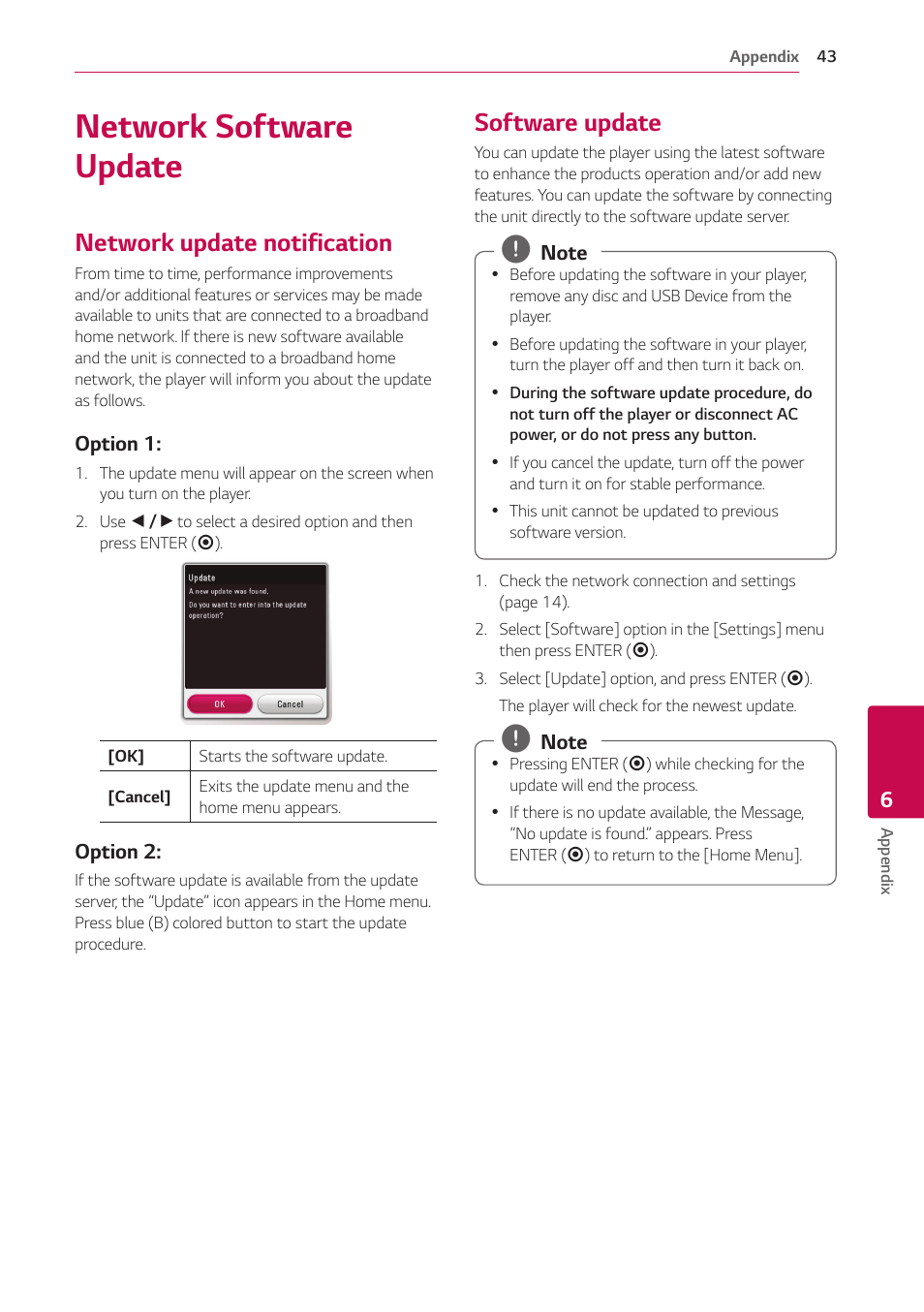 Network software update, Network update notification, Software update | LG UBK80 HDR UHD Blu-ray Disc Player User Manual | Page 43 / 56