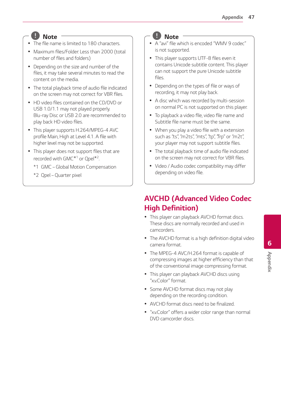 Avchd (advanced video codec high definition), 47 – avchd (advanced video codec high, Definition) | LG UBK80 HDR UHD Blu-ray Disc Player User Manual | Page 47 / 56