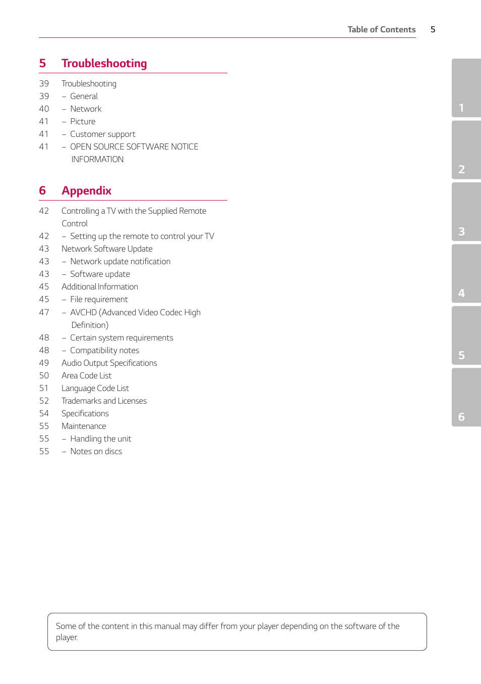 5 troubleshooting, 6 appendix | LG UBK80 HDR UHD Blu-ray Disc Player User Manual | Page 5 / 56