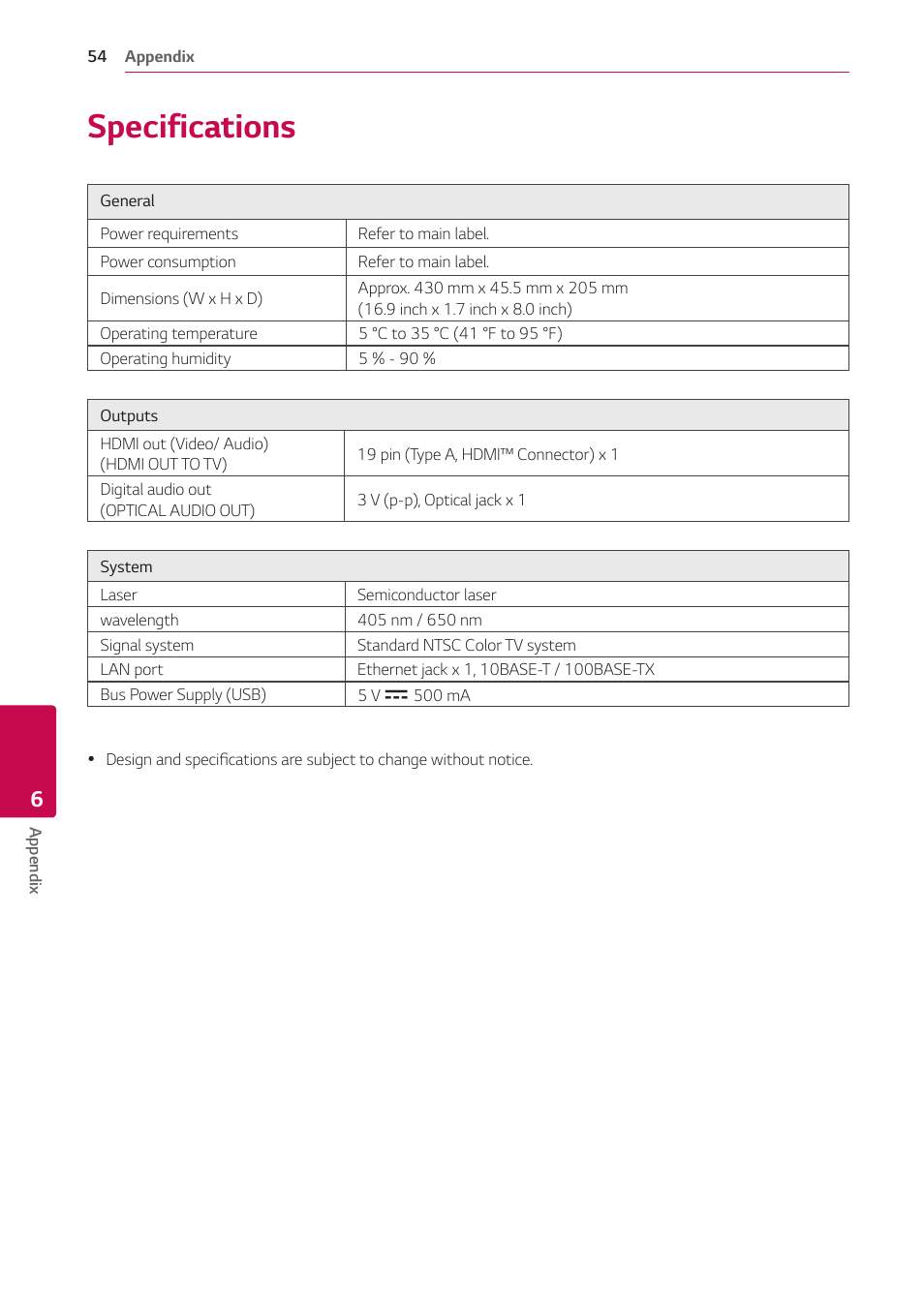 Specifications | LG UBK80 HDR UHD Blu-ray Disc Player User Manual | Page 54 / 56