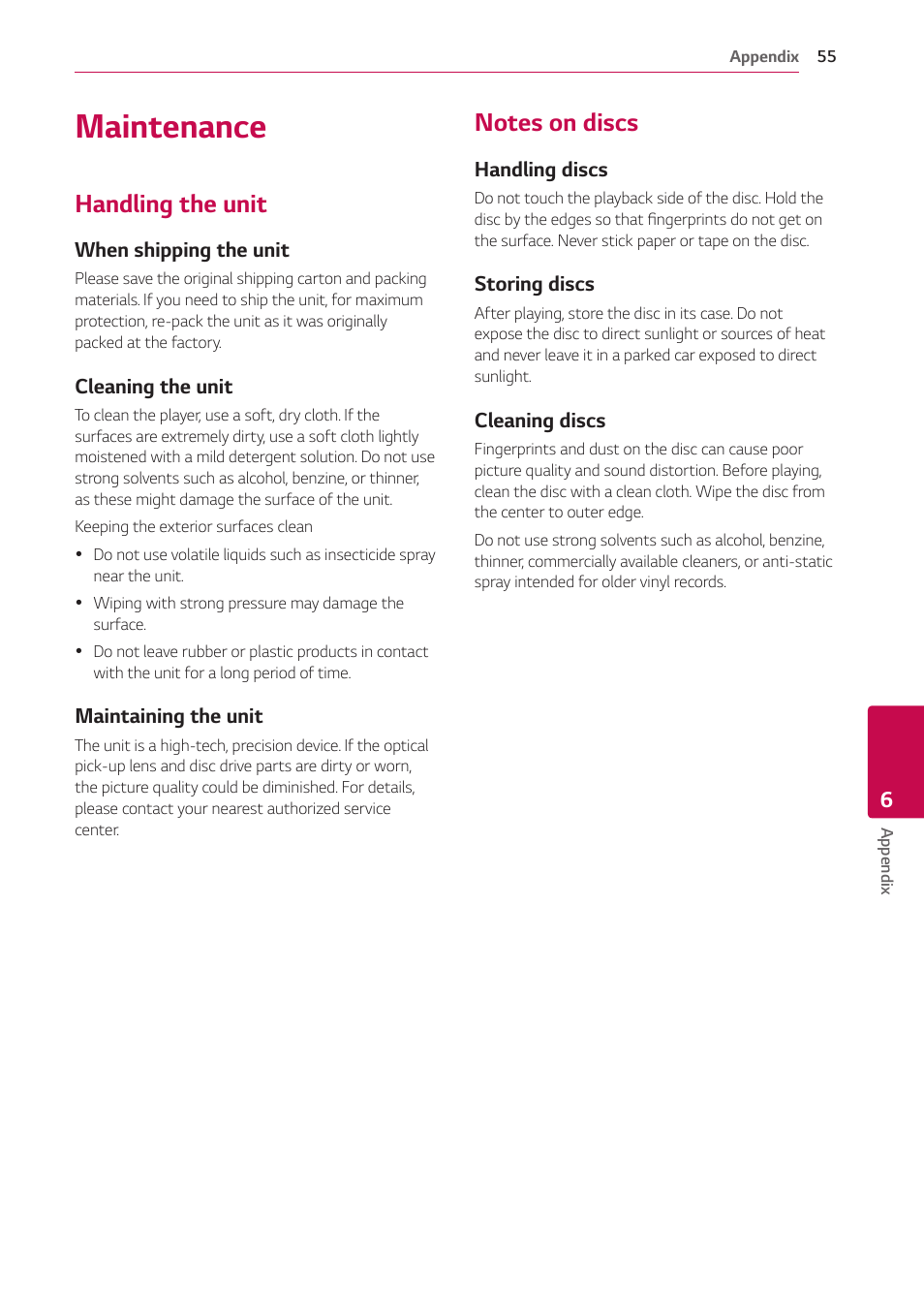 Maintenance, Handling the unit, Notes on discs | 55 – handling the unit 55 – notes on discs | LG UBK80 HDR UHD Blu-ray Disc Player User Manual | Page 55 / 56