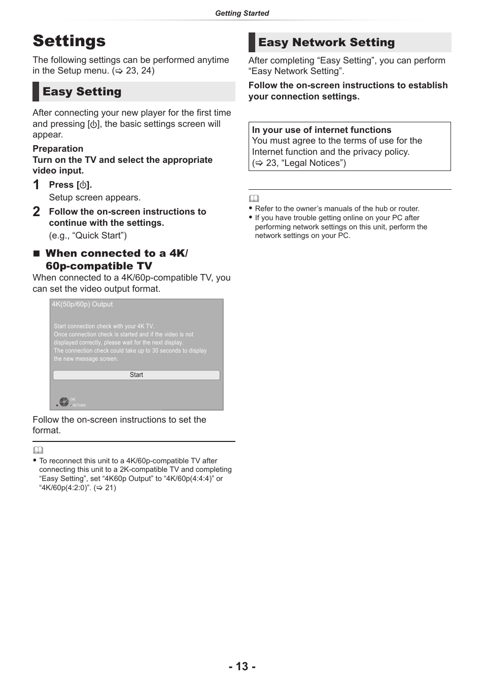Settings, Easy setting, Easy network setting | Panasonic DP-UB154P-K Ultra HD 4K Blu-ray Disc Player User Manual | Page 13 / 36