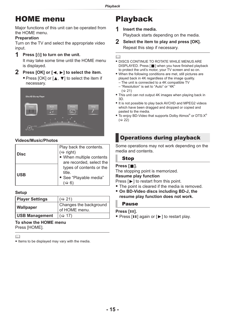 Playback, Home menu, Basic playback control buttons | Show home menu, Operations during playback | Panasonic DP-UB154P-K Ultra HD 4K Blu-ray Disc Player User Manual | Page 15 / 36