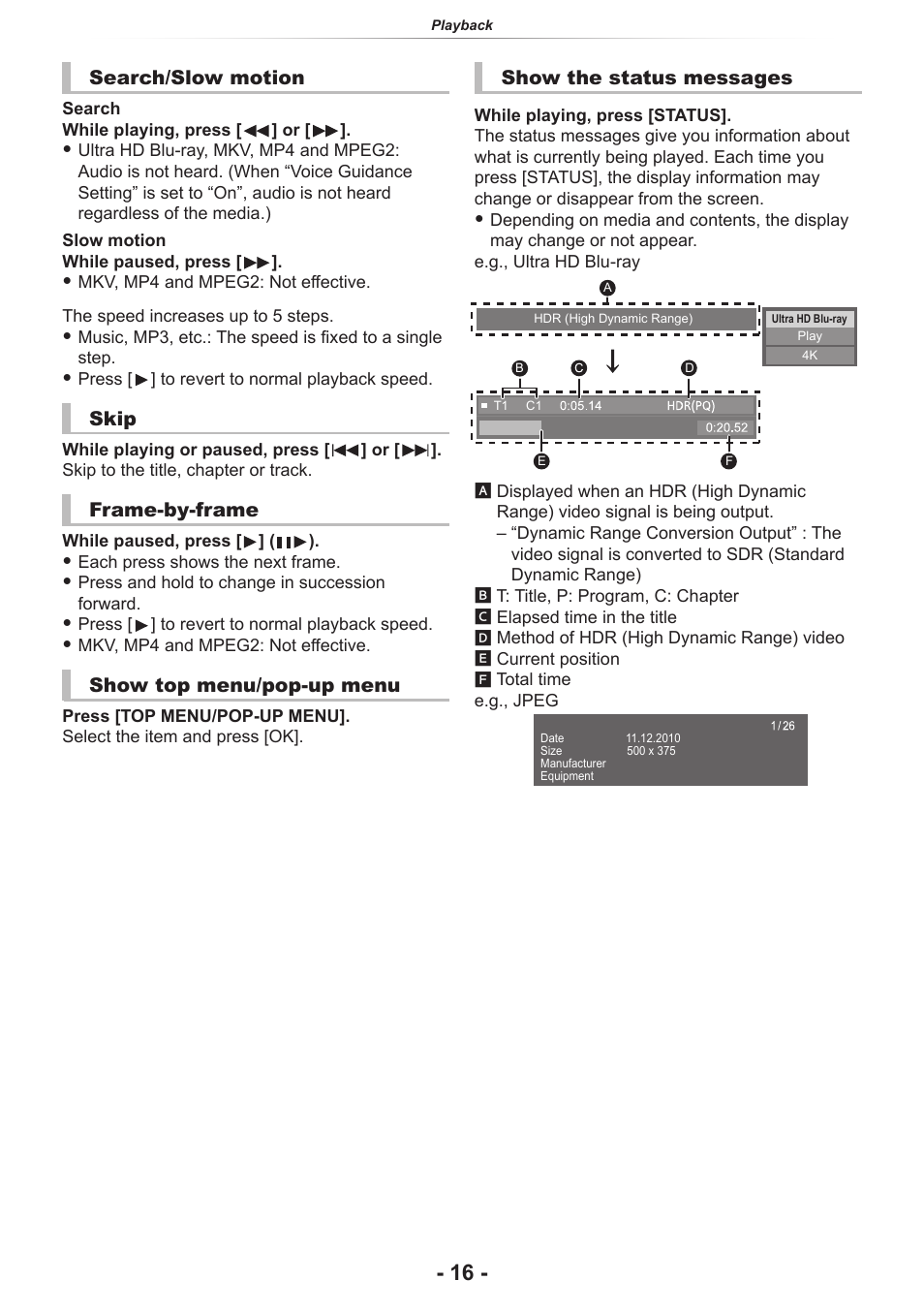 Op menu/pop-up menu, Frame-by-frame, Show the status messages | Panasonic DP-UB154P-K Ultra HD 4K Blu-ray Disc Player User Manual | Page 16 / 36