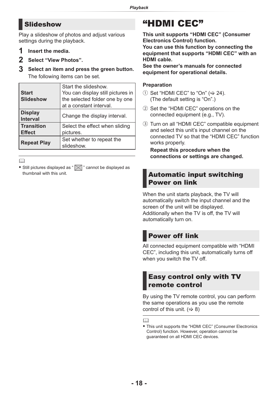 Hdmi cec, Slideshow, Automatic input switching power on link | Power off link, Easy control only with tv remote control | Panasonic DP-UB154P-K Ultra HD 4K Blu-ray Disc Player User Manual | Page 18 / 36