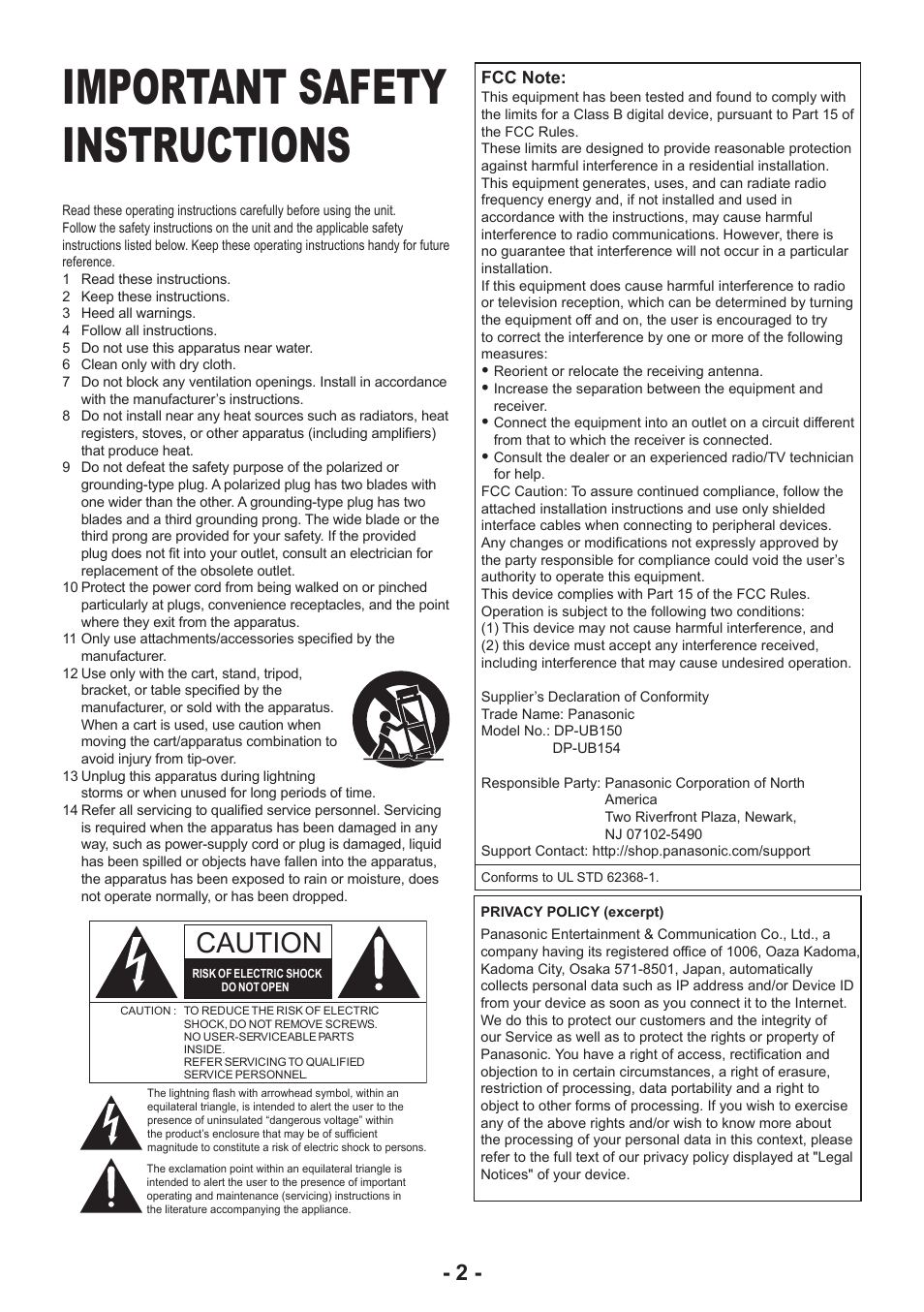 Important safety instructions, Caution | Panasonic DP-UB154P-K Ultra HD 4K Blu-ray Disc Player User Manual | Page 2 / 36