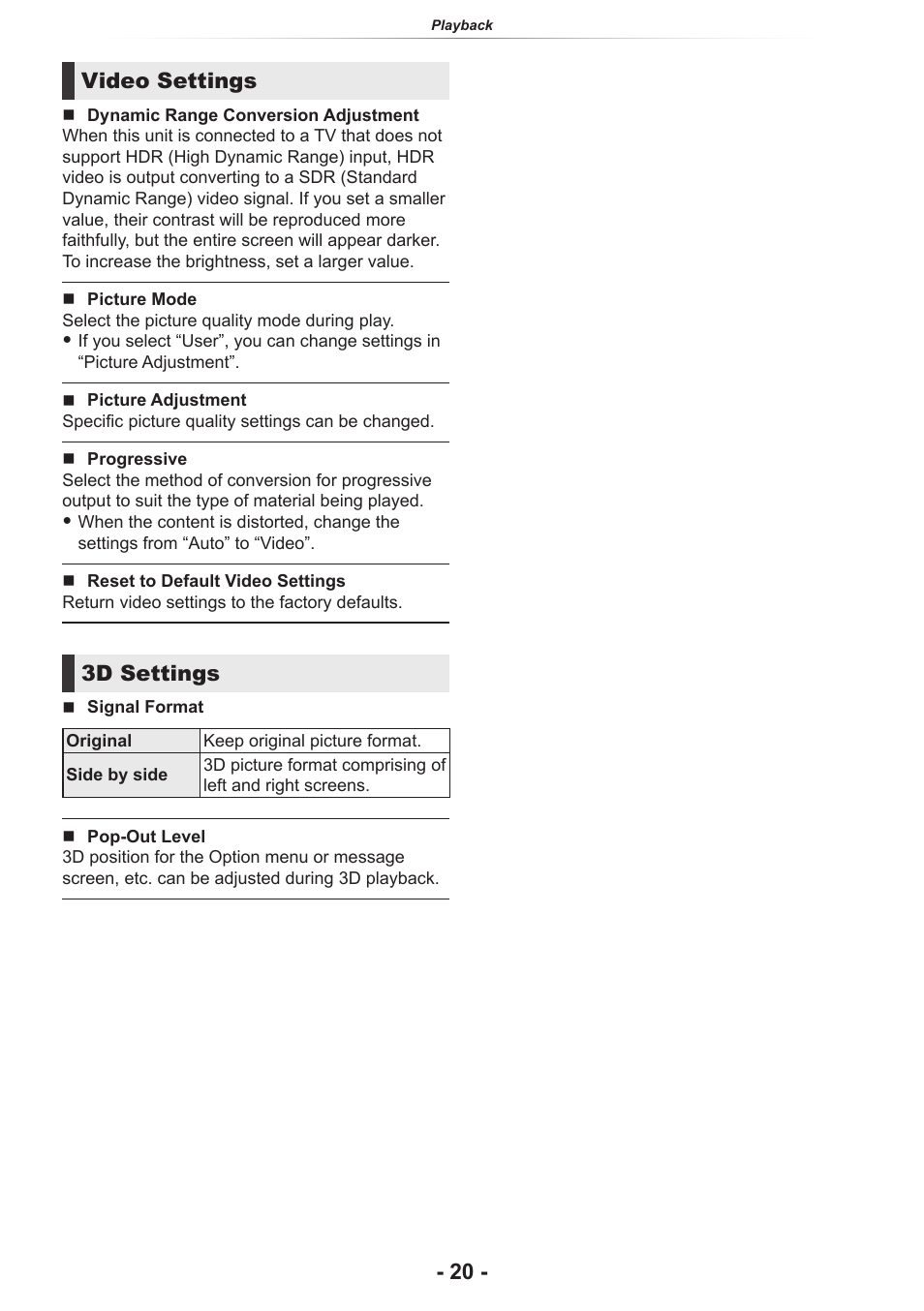 Video settings, 3d settings | Panasonic DP-UB154P-K Ultra HD 4K Blu-ray Disc Player User Manual | Page 20 / 36