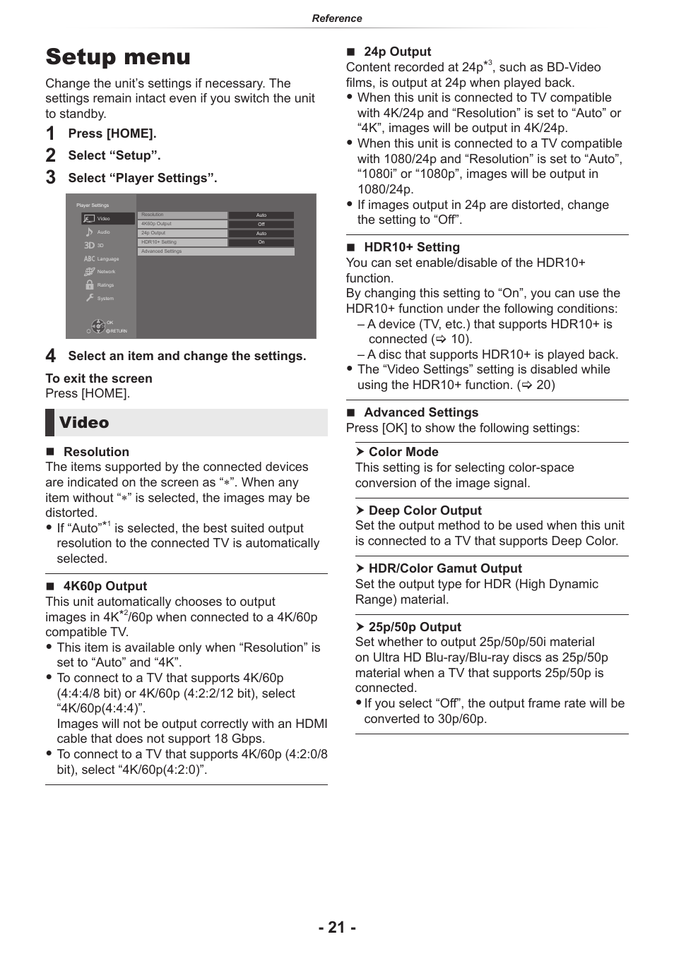 Reference, Setup menu, 4k/60p(4:2:0) | And “24p output, Video | Panasonic DP-UB154P-K Ultra HD 4K Blu-ray Disc Player User Manual | Page 21 / 36