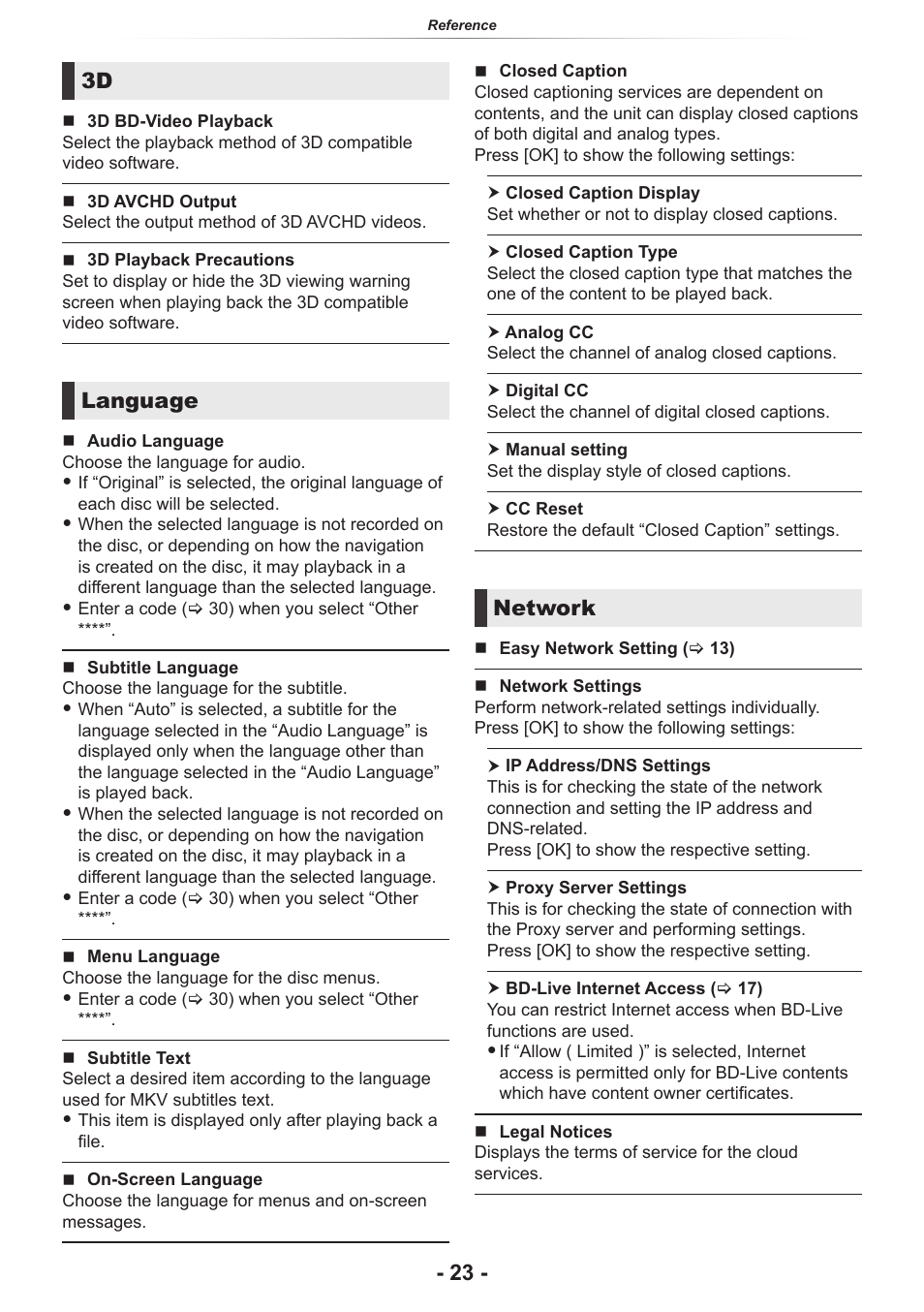 23, “legal notices”), Certain discs, Language | Network | Panasonic DP-UB154P-K Ultra HD 4K Blu-ray Disc Player User Manual | Page 23 / 36