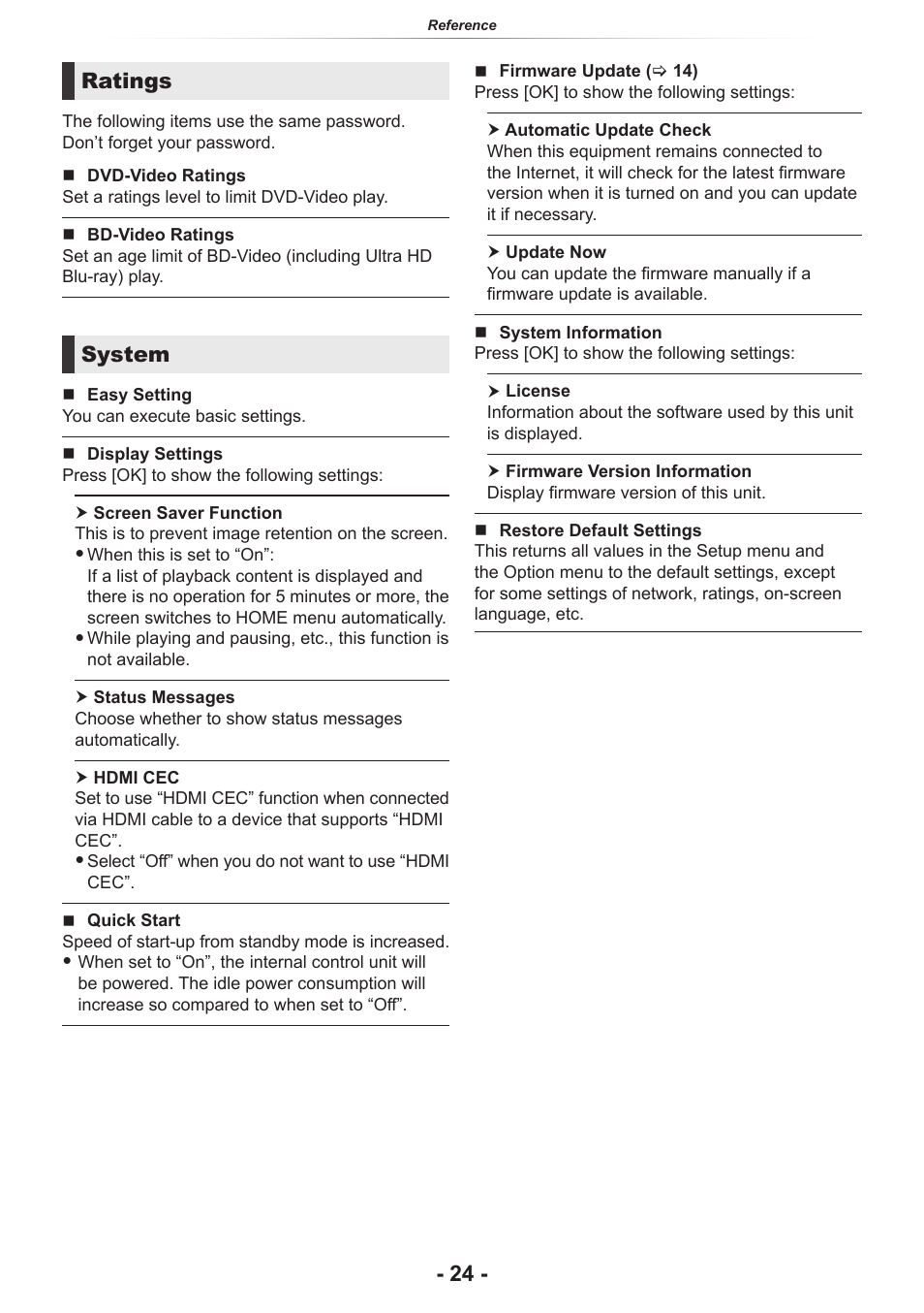 Set “hdmi cec” to “on, Ratings, System | Panasonic DP-UB154P-K Ultra HD 4K Blu-ray Disc Player User Manual | Page 24 / 36