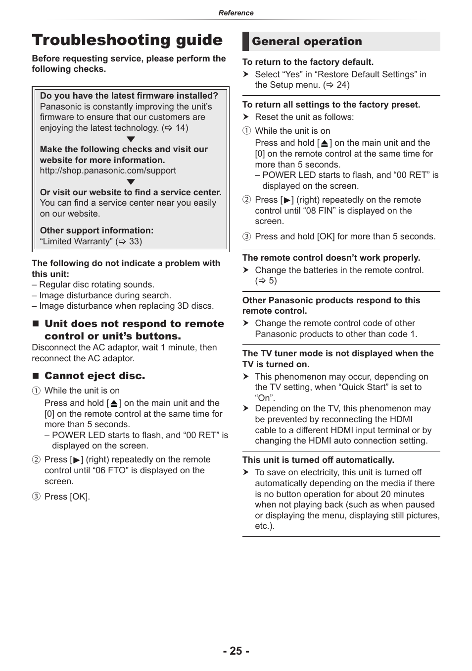 Troubleshooting guide, General operation | Panasonic DP-UB154P-K Ultra HD 4K Blu-ray Disc Player User Manual | Page 25 / 36