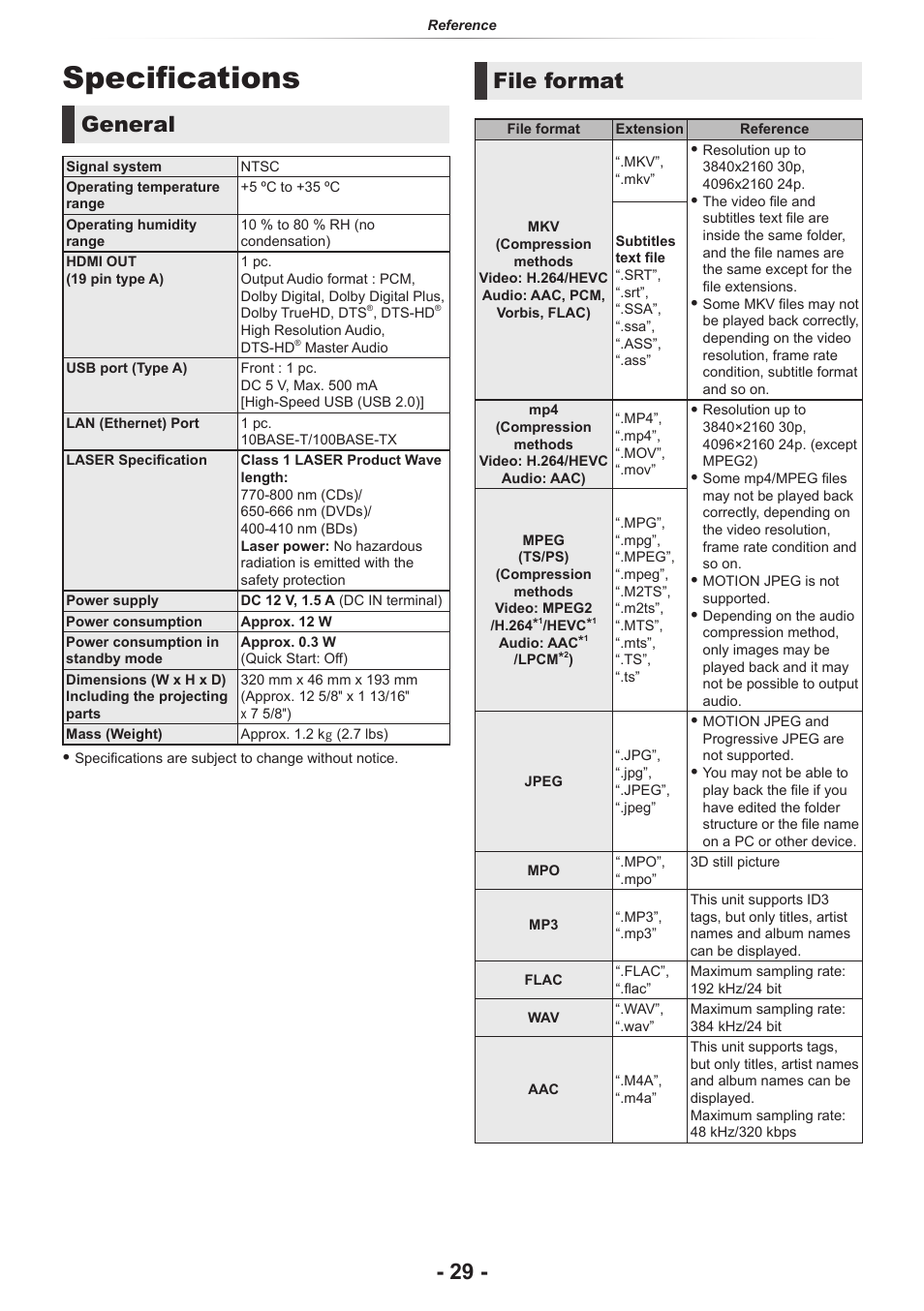 Specifications, Ac power, 29) even when turned off in standby mode | General, File format | Panasonic DP-UB154P-K Ultra HD 4K Blu-ray Disc Player User Manual | Page 29 / 36