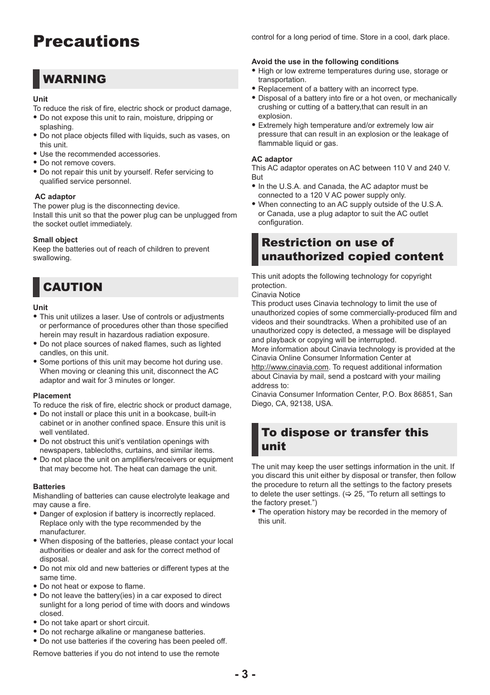 Precautions, Warning, Caution | Restriction on use of unauthorized copied content | Panasonic DP-UB154P-K Ultra HD 4K Blu-ray Disc Player User Manual | Page 3 / 36