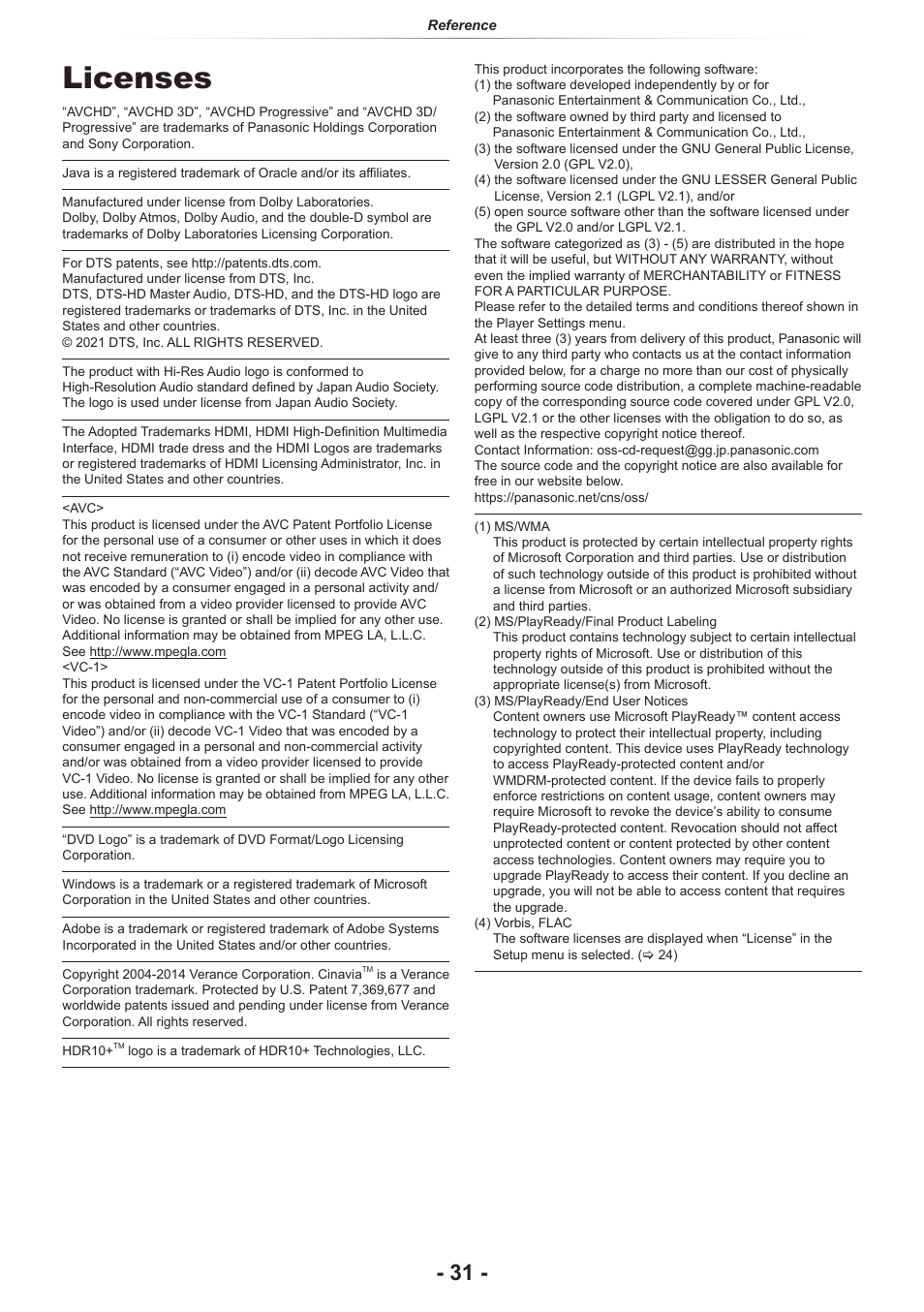 Licenses | Panasonic DP-UB154P-K Ultra HD 4K Blu-ray Disc Player User Manual | Page 31 / 36