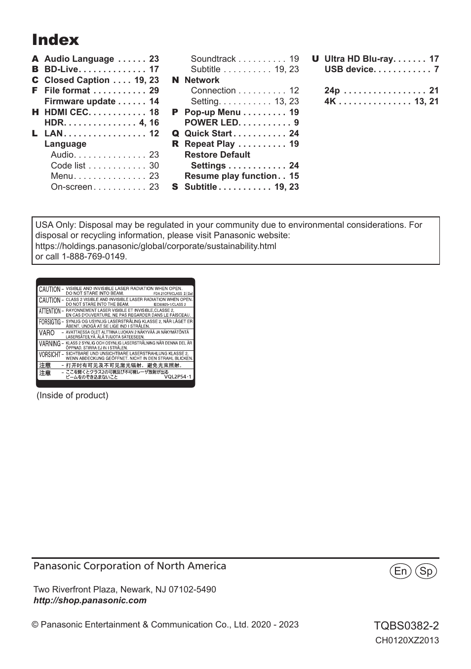 Index | Panasonic DP-UB154P-K Ultra HD 4K Blu-ray Disc Player User Manual | Page 36 / 36