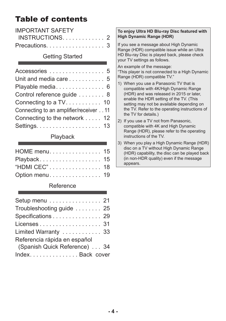 Panasonic DP-UB154P-K Ultra HD 4K Blu-ray Disc Player User Manual | Page 4 / 36