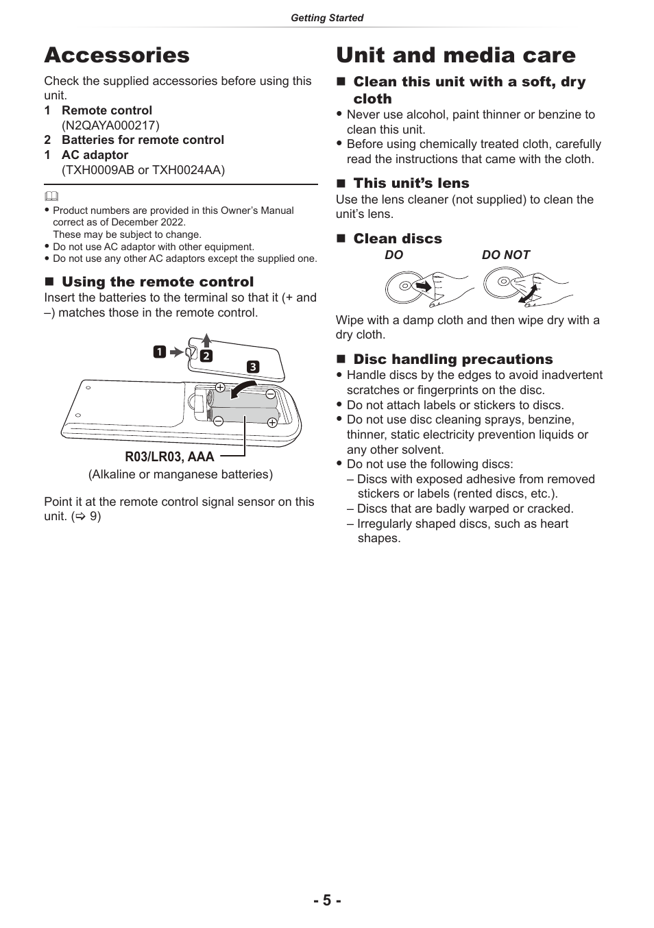 Getting started, Accessories, Unit and media care | Panasonic DP-UB154P-K Ultra HD 4K Blu-ray Disc Player User Manual | Page 5 / 36