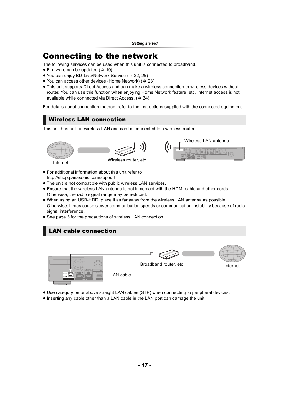 Connecting to the network, Wireless lan connection, Lan cable connection | Panasonic DP-UB9000 HDR UHD 4K Multi-Region Network Blu-ray Disc Player User Manual | Page 17 / 51