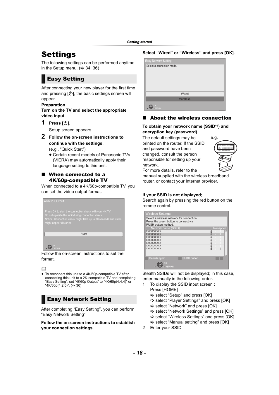 Settings, Easy setting, Easy network setting | About the wireless connection, When connected to a 4k/60p-compatible tv | Panasonic DP-UB9000 HDR UHD 4K Multi-Region Network Blu-ray Disc Player User Manual | Page 18 / 51