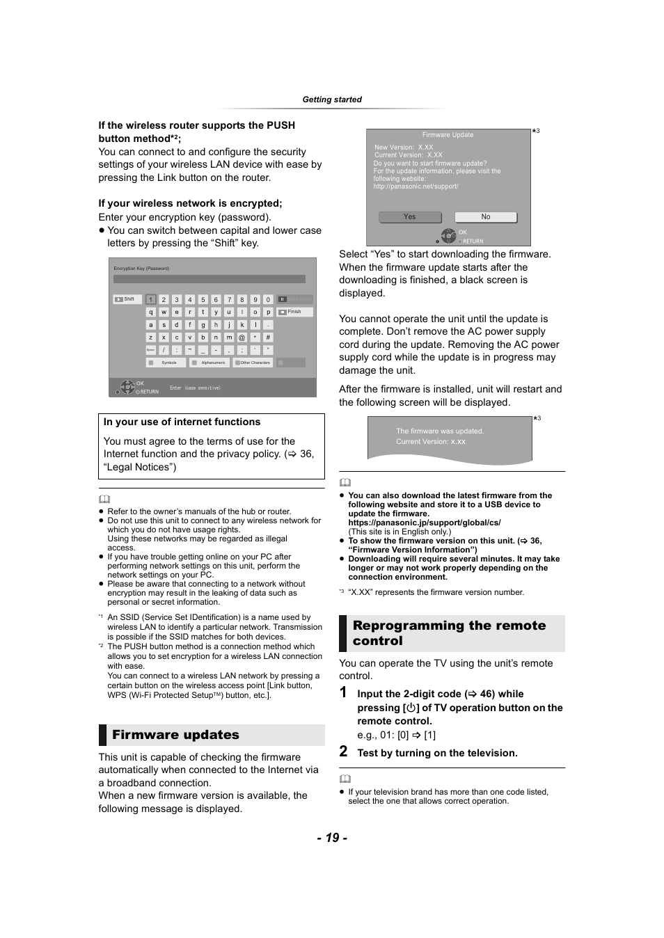 Firmware updates, Reprogramming the remote control | Panasonic DP-UB9000 HDR UHD 4K Multi-Region Network Blu-ray Disc Player User Manual | Page 19 / 51