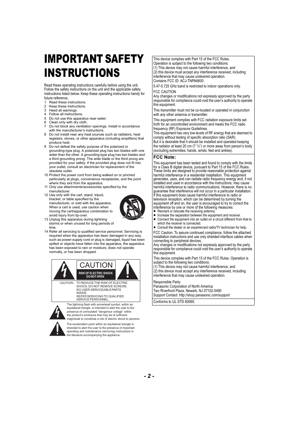 Important safety instructions, Caution | Panasonic DP-UB9000 HDR UHD 4K Multi-Region Network Blu-ray Disc Player User Manual | Page 2 / 51