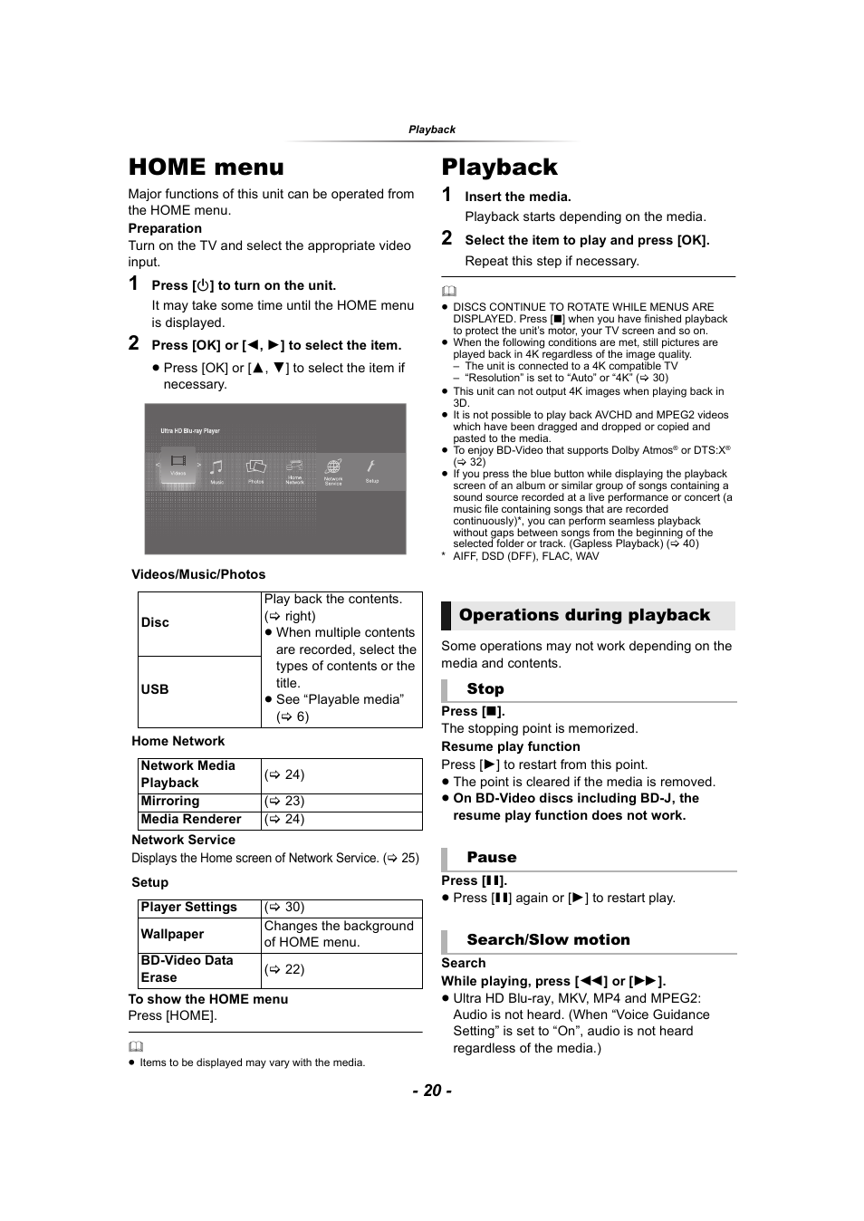 Playback, Home menu, Home menu playback | Menu, Operations during playback | Panasonic DP-UB9000 HDR UHD 4K Multi-Region Network Blu-ray Disc Player User Manual | Page 20 / 51