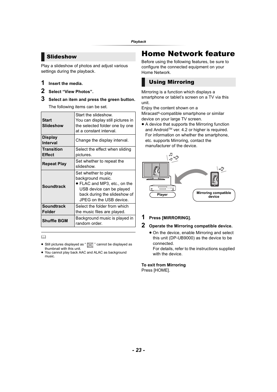 Home network feature, Slideshow, Using mirroring | Panasonic DP-UB9000 HDR UHD 4K Multi-Region Network Blu-ray Disc Player User Manual | Page 23 / 51