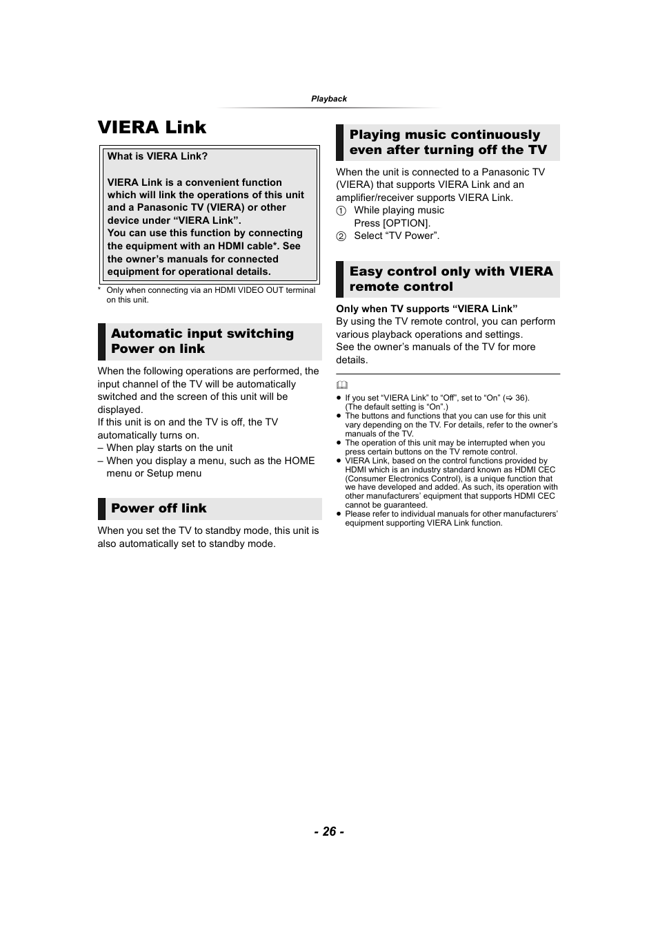 Viera link, Link | Panasonic DP-UB9000 HDR UHD 4K Multi-Region Network Blu-ray Disc Player User Manual | Page 26 / 51