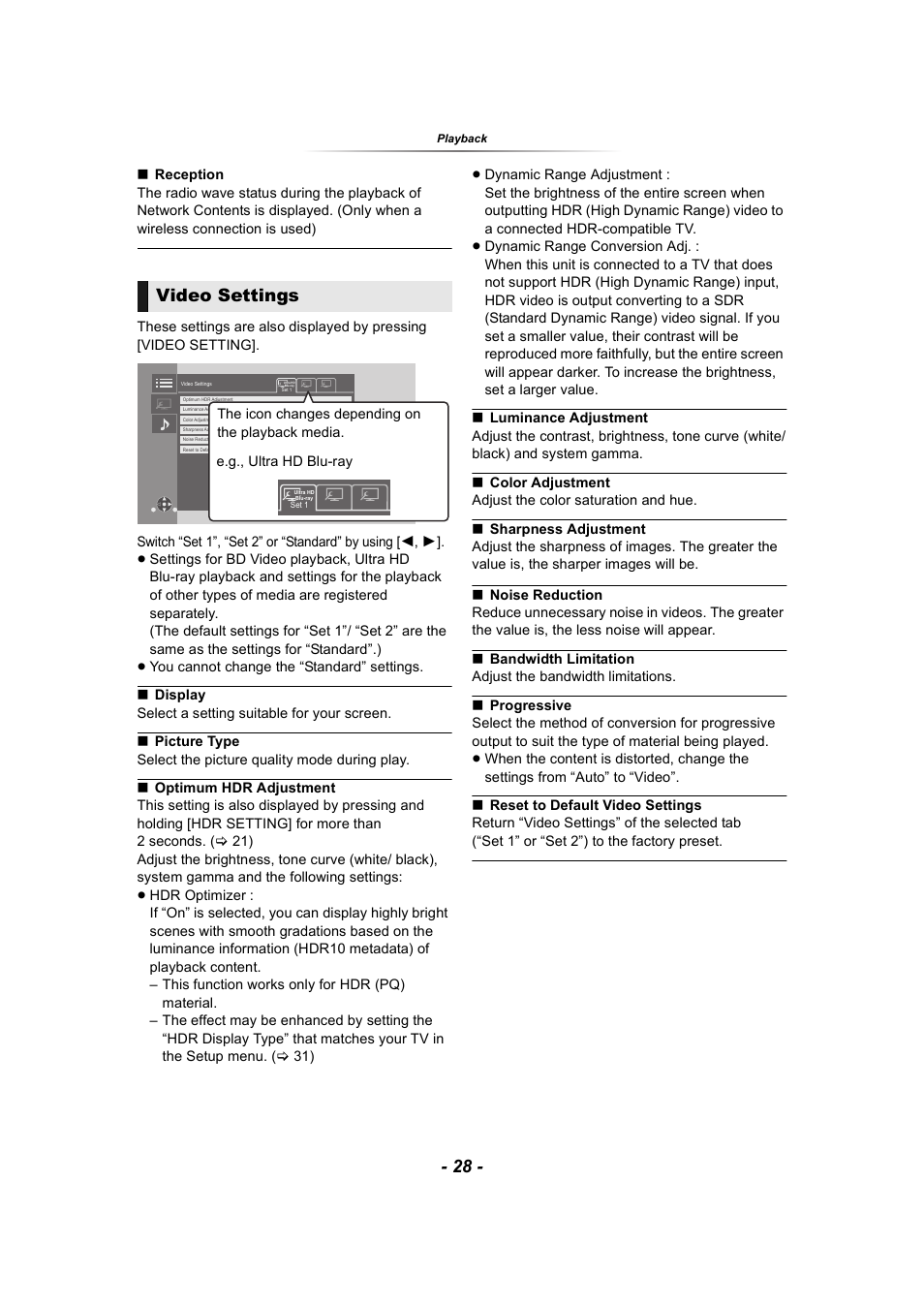 28) pres, Video settings | Panasonic DP-UB9000 HDR UHD 4K Multi-Region Network Blu-ray Disc Player User Manual | Page 28 / 51