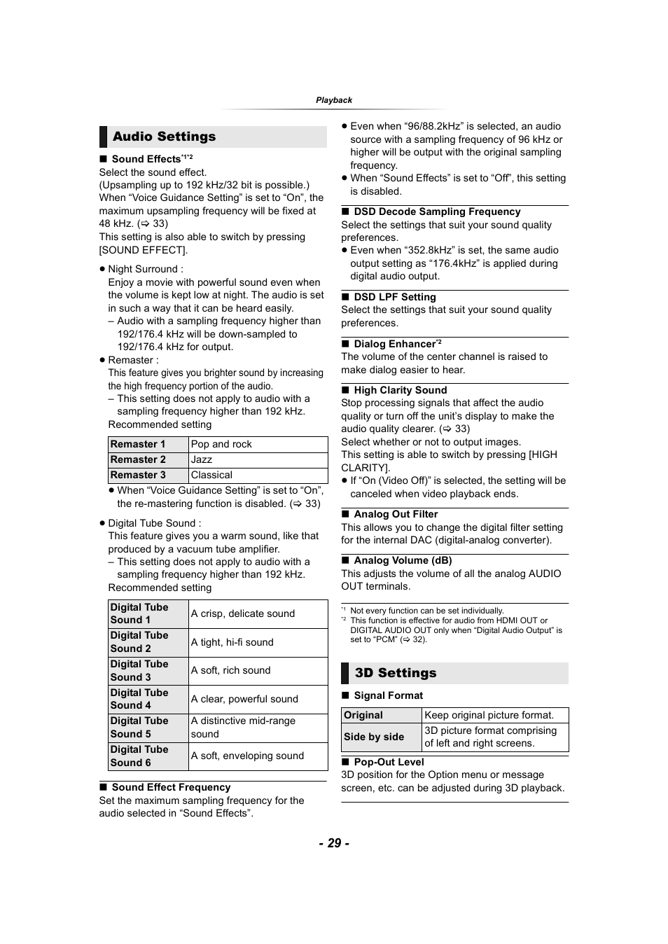 3d settings, Audio settings | Panasonic DP-UB9000 HDR UHD 4K Multi-Region Network Blu-ray Disc Player User Manual | Page 29 / 51