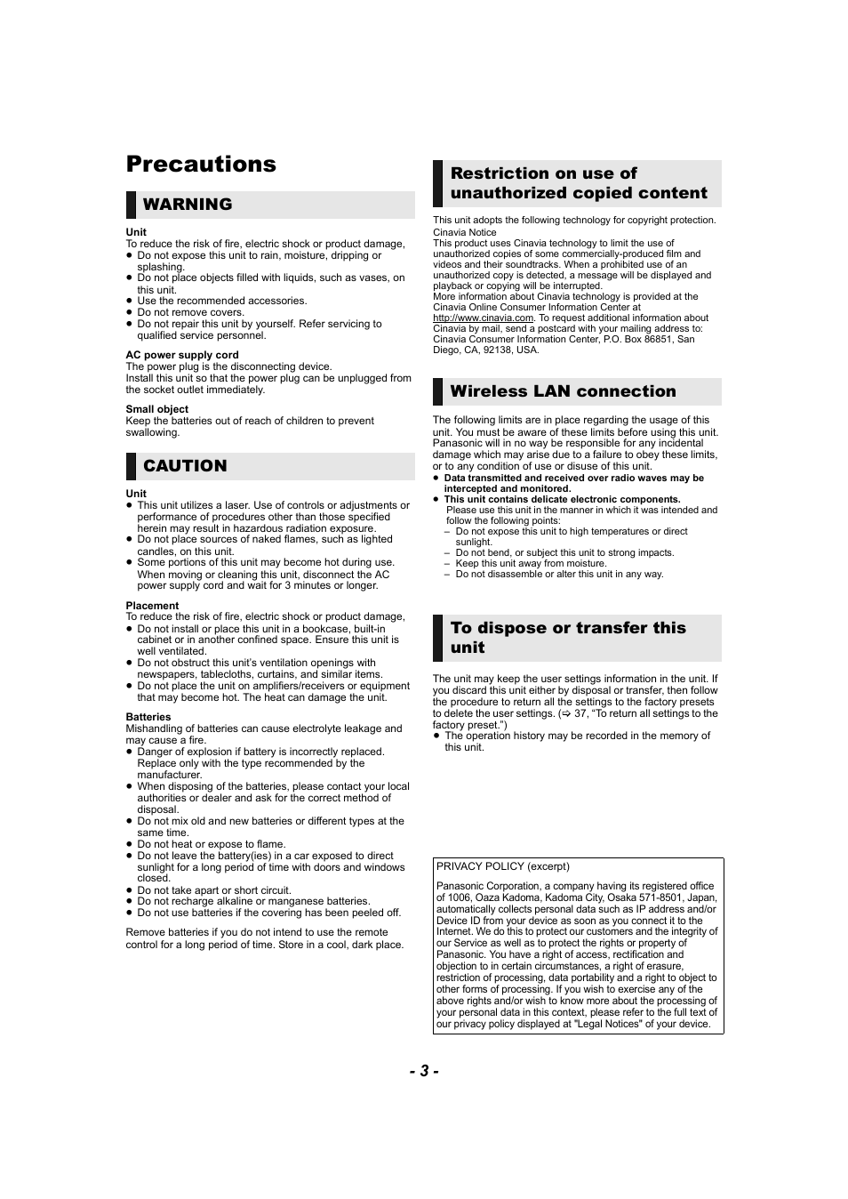 Precautions | Panasonic DP-UB9000 HDR UHD 4K Multi-Region Network Blu-ray Disc Player User Manual | Page 3 / 51
