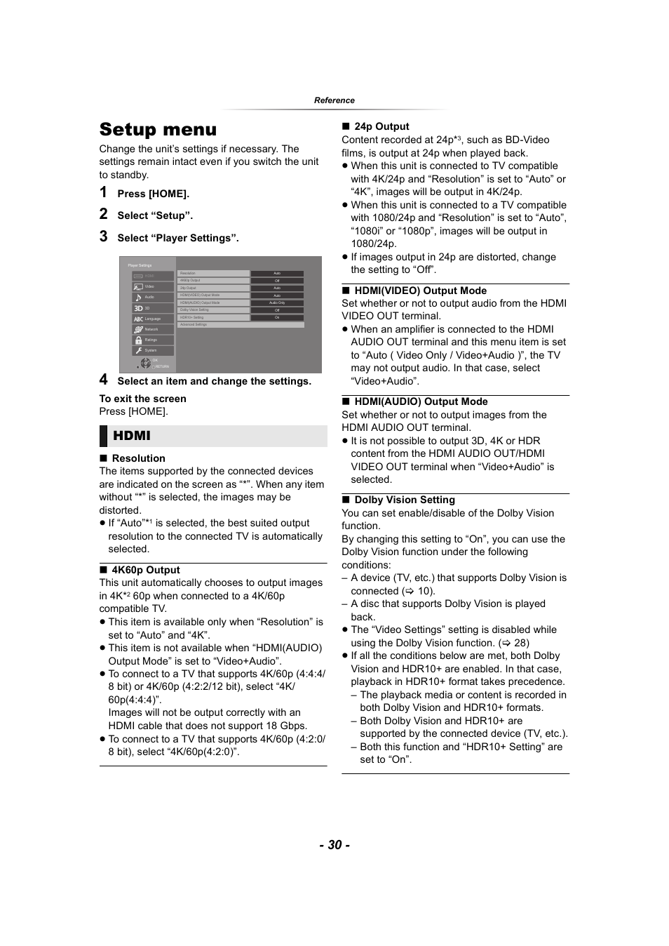 Reference, Setup menu, Is set to “auto” or “4k | Utput, Hdmi | Panasonic DP-UB9000 HDR UHD 4K Multi-Region Network Blu-ray Disc Player User Manual | Page 30 / 51