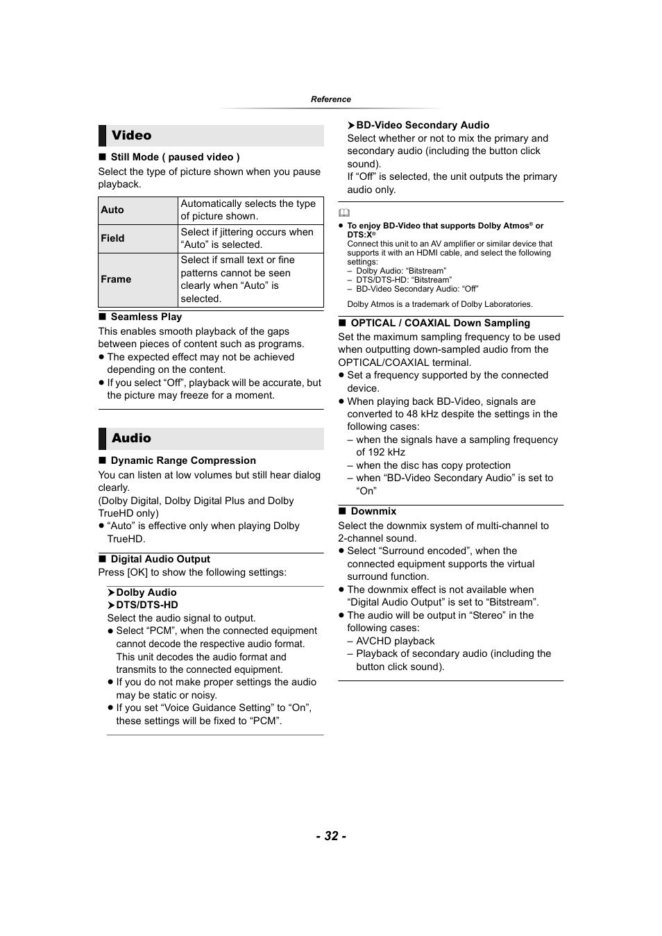 Video, Audio | Panasonic DP-UB9000 HDR UHD 4K Multi-Region Network Blu-ray Disc Player User Manual | Page 32 / 51