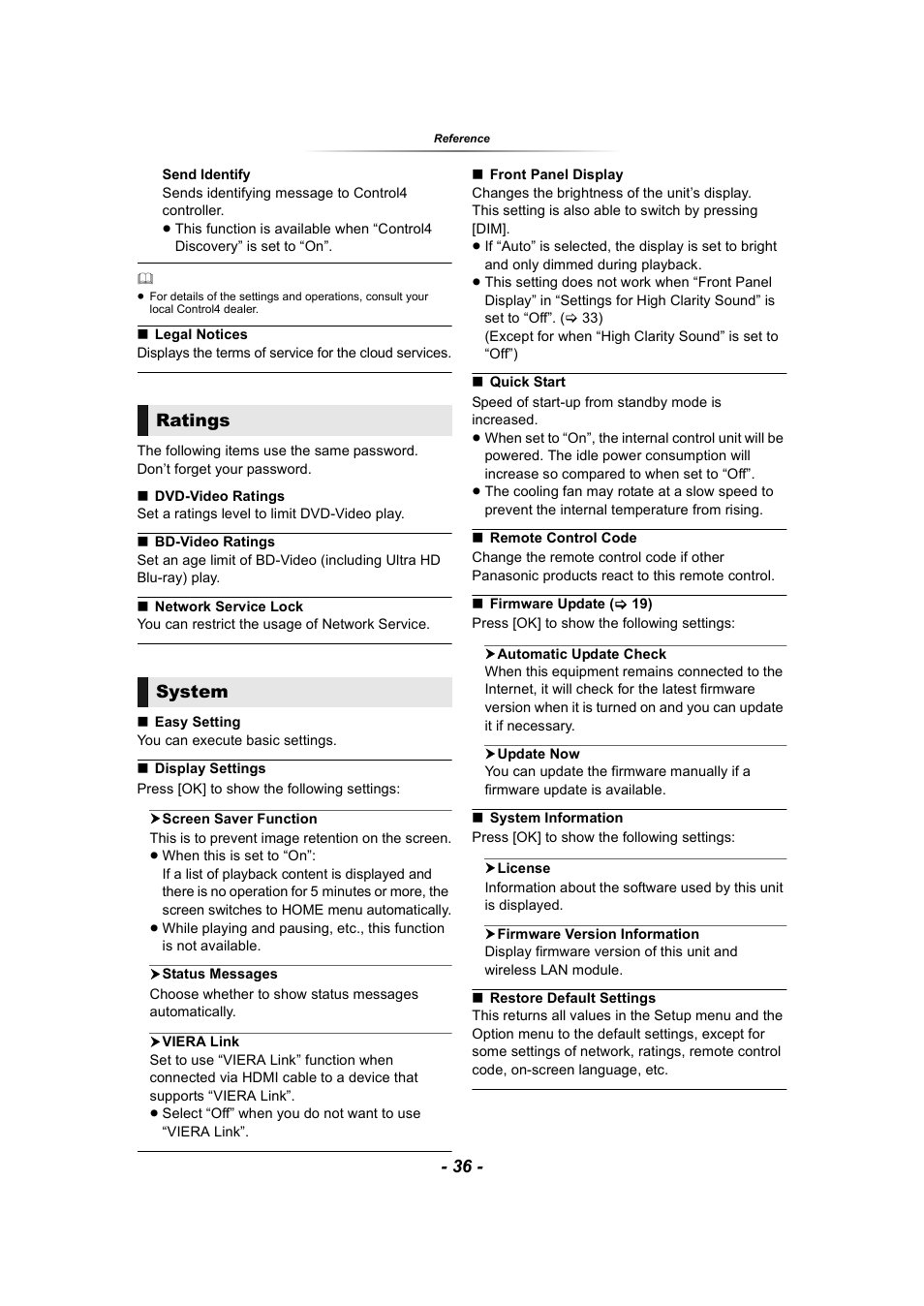 Mware version on this unit, Firmware version information”), Legal notices”) | 36, “legal notices”), 36, “network service lock”), Ratings system | Panasonic DP-UB9000 HDR UHD 4K Multi-Region Network Blu-ray Disc Player User Manual | Page 36 / 51