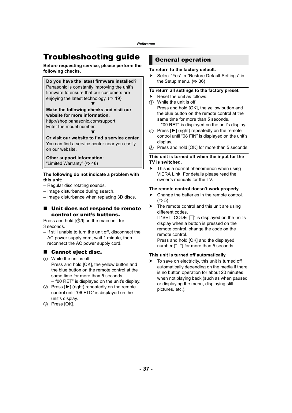 Troubleshooting guide, Settings, 37, “to return all settings to the | Factory preset.”), General operation | Panasonic DP-UB9000 HDR UHD 4K Multi-Region Network Blu-ray Disc Player User Manual | Page 37 / 51