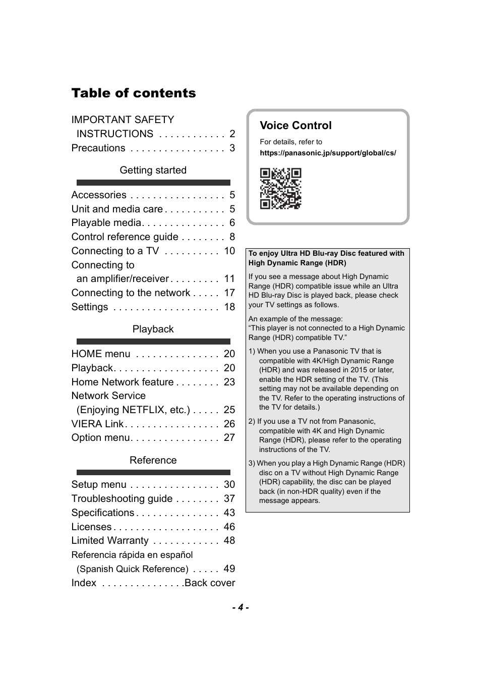 Panasonic DP-UB9000 HDR UHD 4K Multi-Region Network Blu-ray Disc Player User Manual | Page 4 / 51