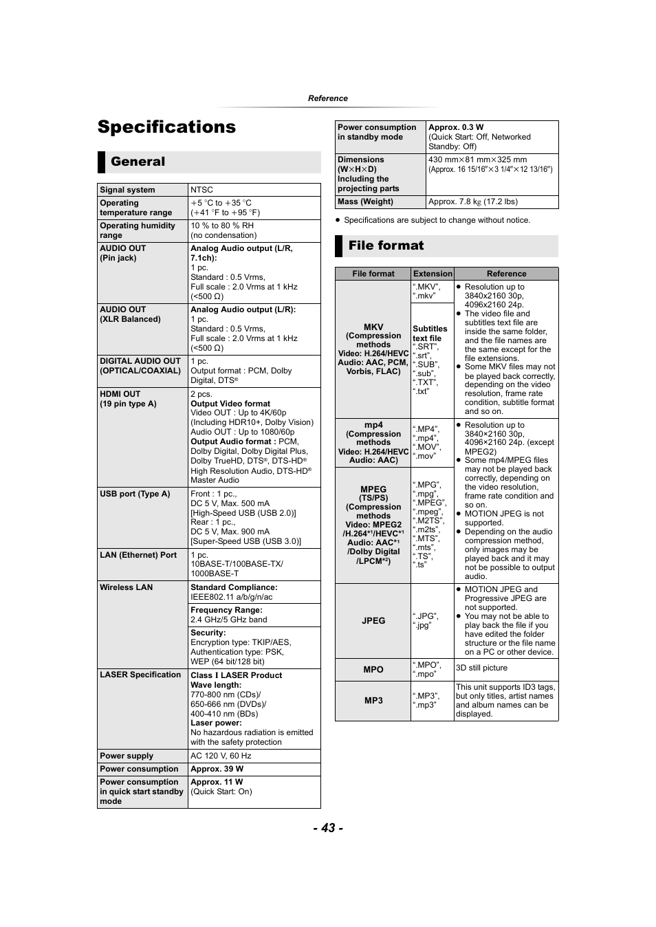 Specifications, 43 f, Ac power | 43) ev, General, File format | Panasonic DP-UB9000 HDR UHD 4K Multi-Region Network Blu-ray Disc Player User Manual | Page 43 / 51