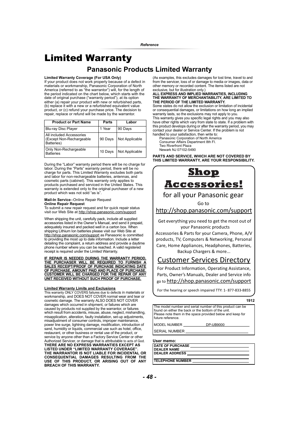 Limited warranty, Customer services directory, For all your panasonic gear | Panasonic products limited warranty, Go to | Panasonic DP-UB9000 HDR UHD 4K Multi-Region Network Blu-ray Disc Player User Manual | Page 48 / 51