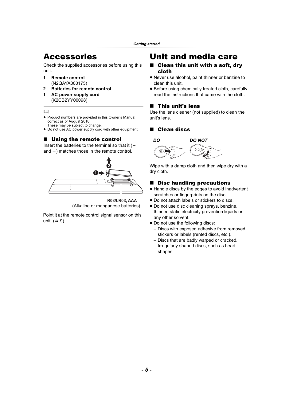 Getting started, Accessories, Unit and media care | Accessories unit and media care | Panasonic DP-UB9000 HDR UHD 4K Multi-Region Network Blu-ray Disc Player User Manual | Page 5 / 51