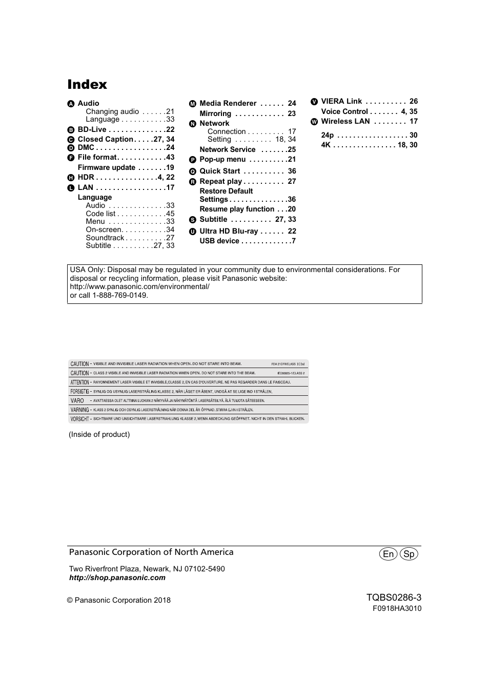 Index, Index . . . . . . . . . . . . . . .back cover | Panasonic DP-UB9000 HDR UHD 4K Multi-Region Network Blu-ray Disc Player User Manual | Page 51 / 51