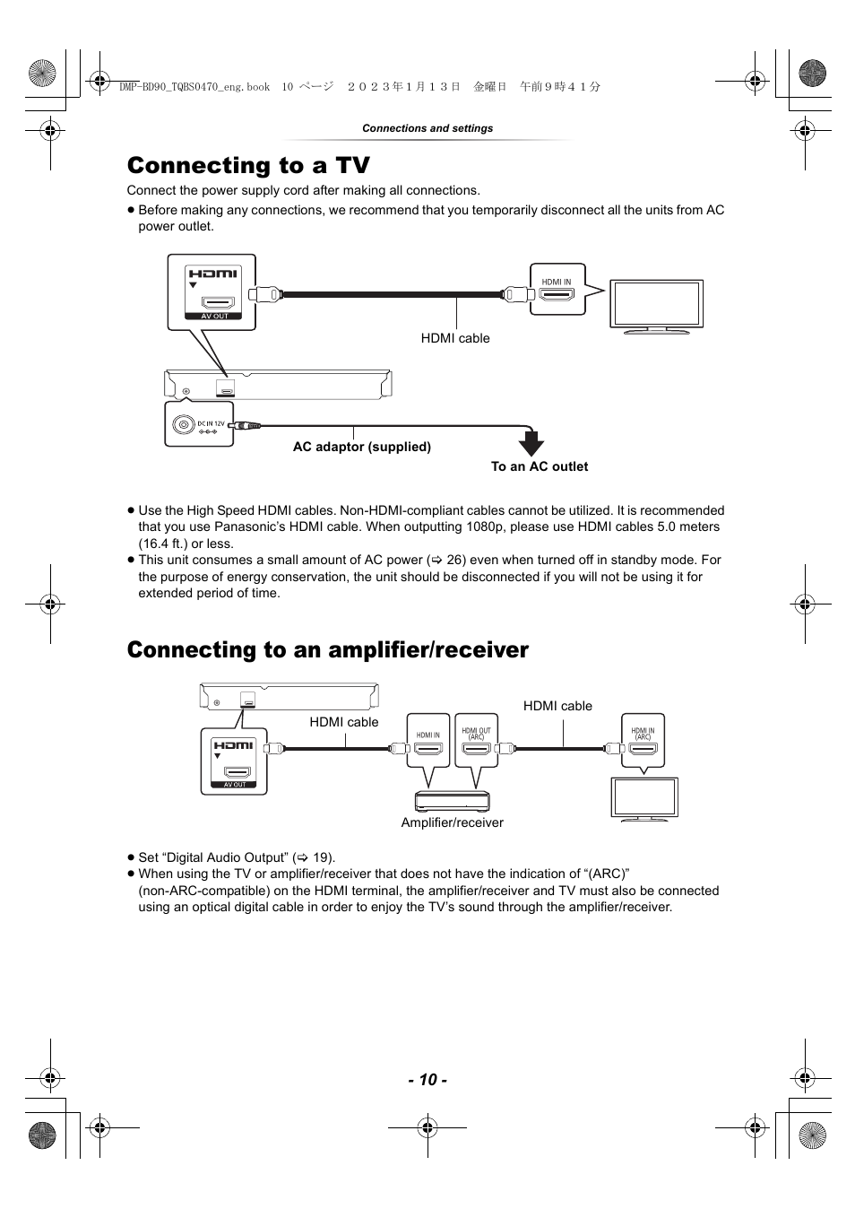 Connections and settings, Connecting to a tv, Connecting to an amplifier/receiver | Connecting to a tv connecting to an, Amplifier/receiver, Nals | Panasonic DMP-BD84P-K Full HD Blu-ray Disc Player User Manual | Page 10 / 31