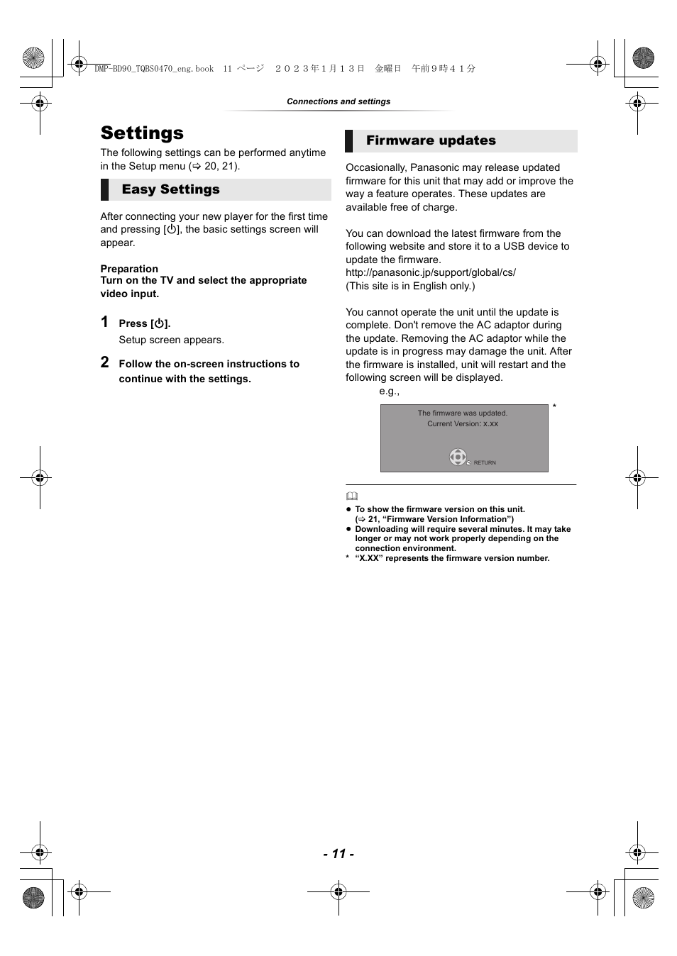 Settings, Easy settings firmware updates | Panasonic DMP-BD84P-K Full HD Blu-ray Disc Player User Manual | Page 11 / 31