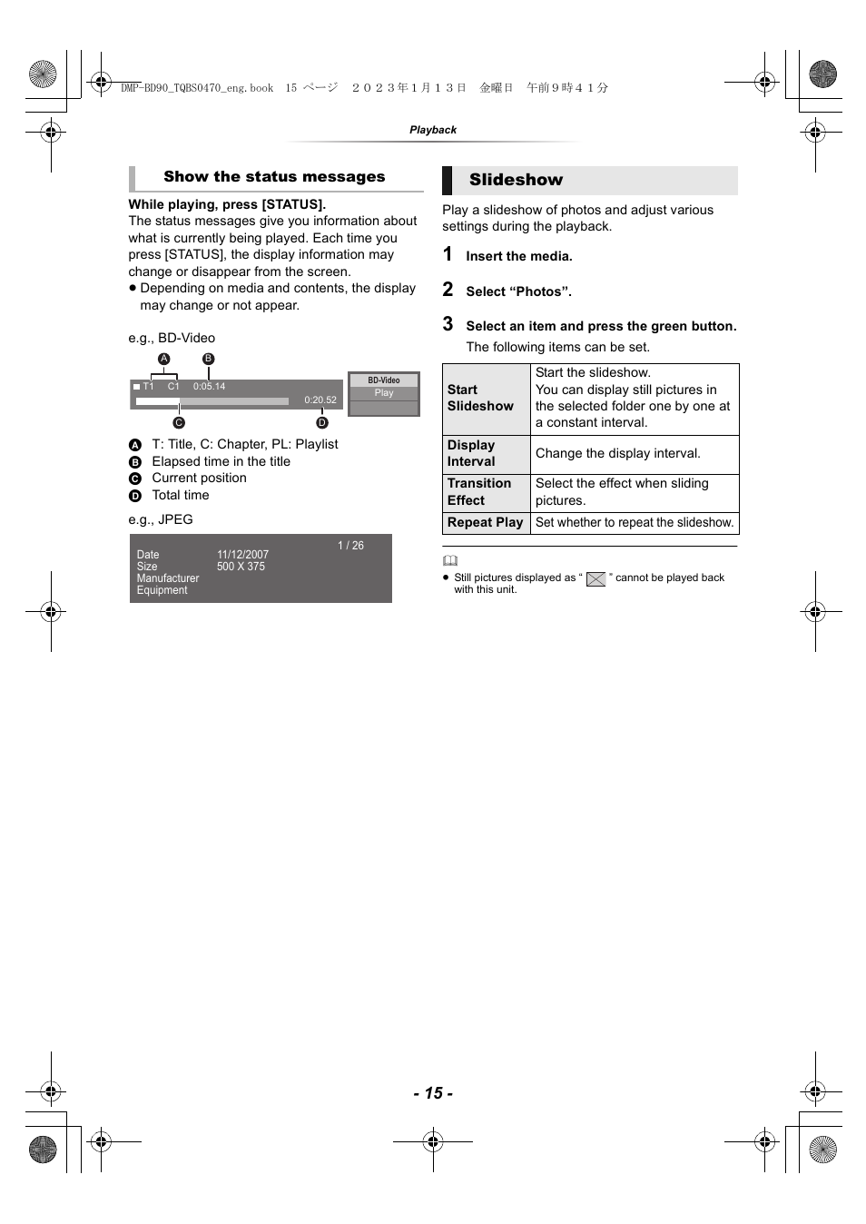 Slideshow | Panasonic DMP-BD84P-K Full HD Blu-ray Disc Player User Manual | Page 15 / 31