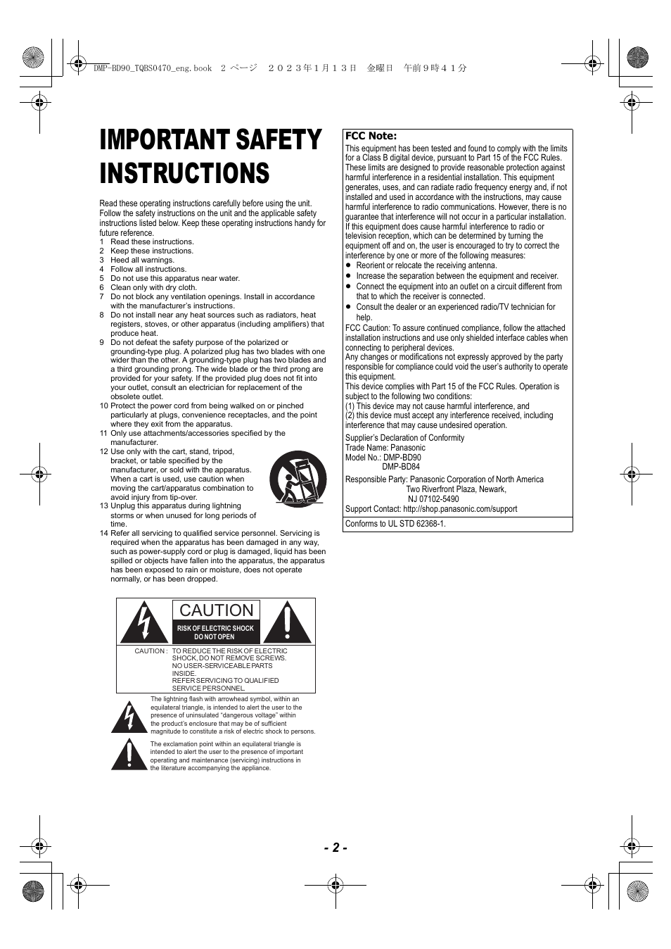 Important safety instructions, Imp ortant safety instructions, Caution | Panasonic DMP-BD84P-K Full HD Blu-ray Disc Player User Manual | Page 2 / 31