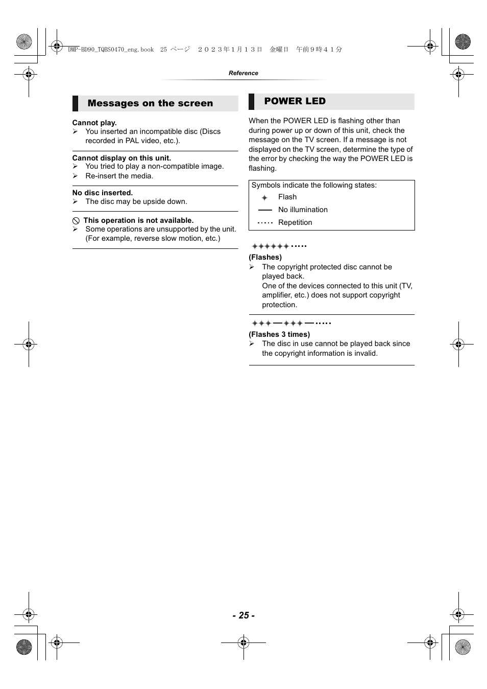 Messages on the screen power led | Panasonic DMP-BD84P-K Full HD Blu-ray Disc Player User Manual | Page 25 / 31